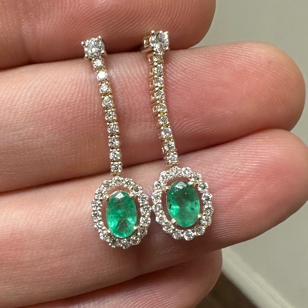 Natural Emerald and Diamond Earrings in 14K Solid Yellow Gold